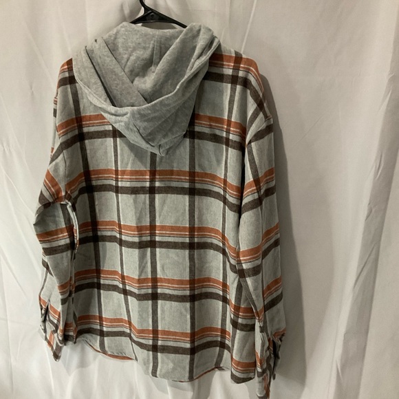 Staccato Womens Fall Plaid Hooded Shacket Size Large Gray Orange Black NWOT - Picture 9 of 13